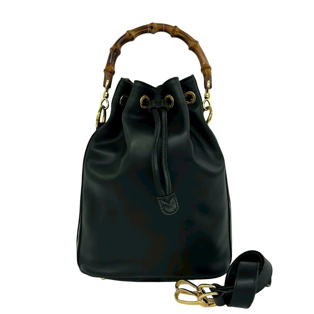 GUCCI Old Gucci Bamboo Logo Hardware Leather 2-way Shoulder Bag Handbag Draws...